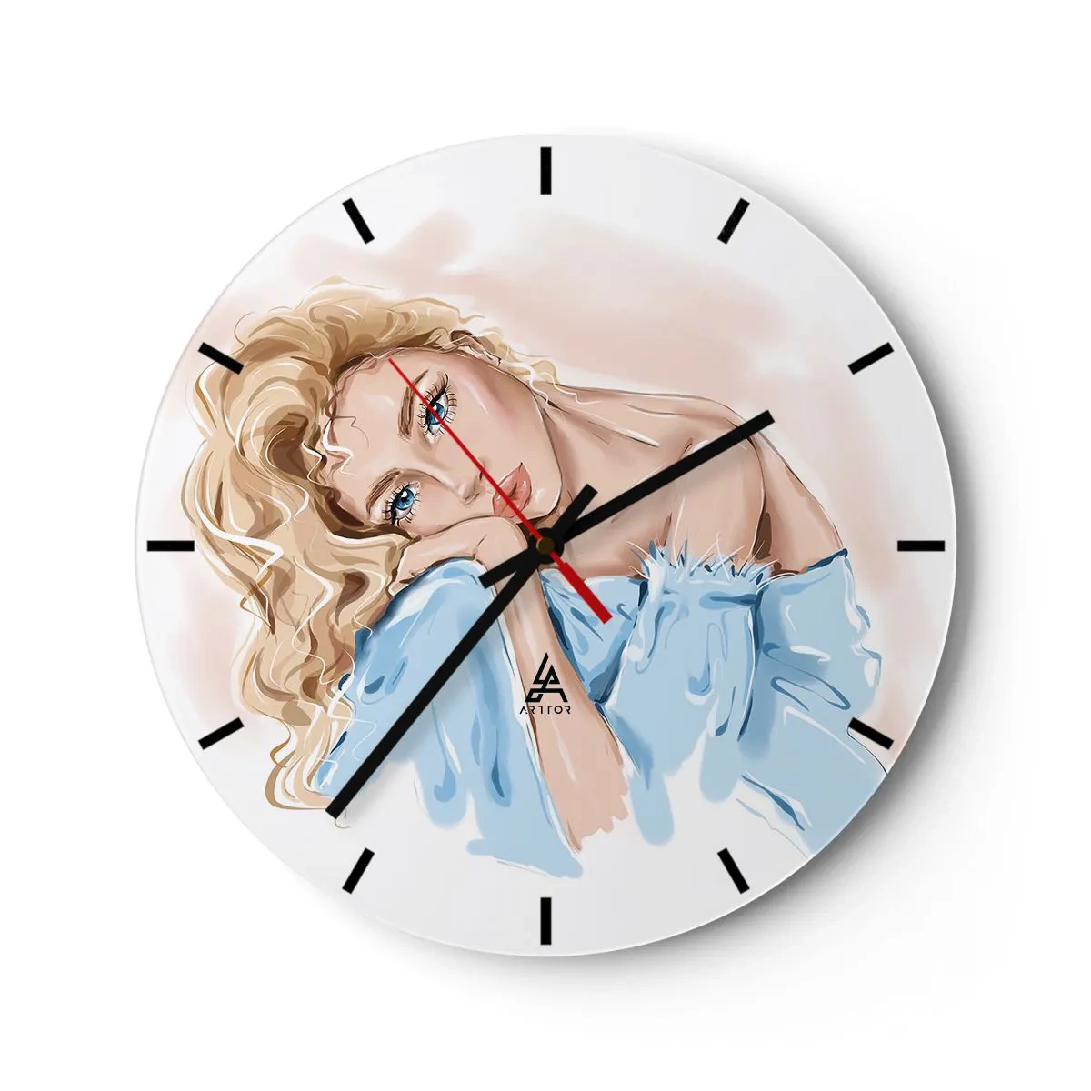 Reloj de pared - Reloj de vidrio - Ilustración de una mujer con rizos rubios con un traje azul sobre un fondo blanco. - 30x30cm - Soñar en azul - Decoración de pared moderna para salón, cocina y dormitorio ARTTOR