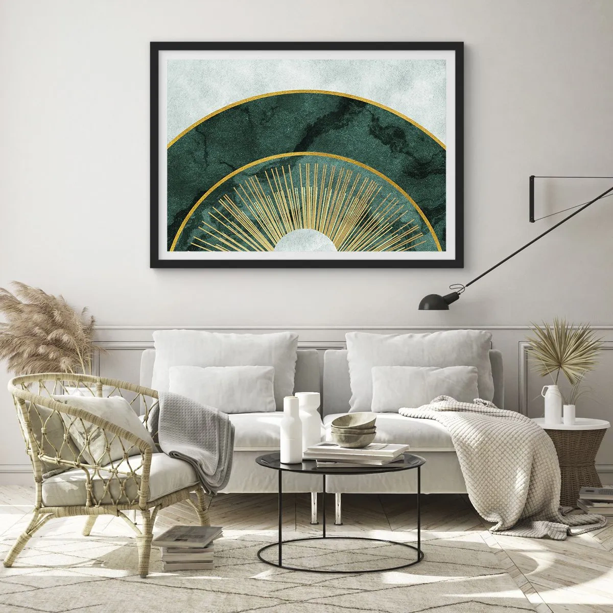 Póster en marco negro - Patrón abstracto con círculos en colores esmeralda y dorado. - 100x70cm - Un sistema solar diferente - Decoración de pared moderna para salón y dormitorio ARTTOR