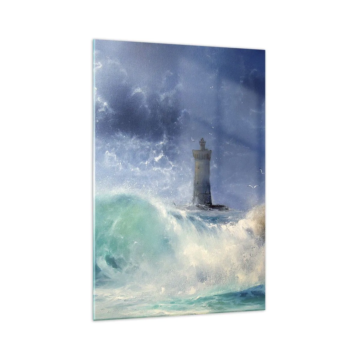 Cuadro sobre vidrio - Impresiones sobre Vidrio - Un faro rodeado de fuertes olas y nubes. - 70x100cm - En guardia contra los elementos - Decoración de pared moderna para salón y dormitorio ARTTOR