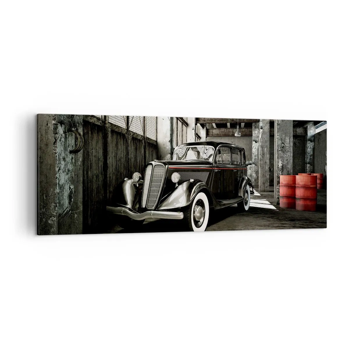 Cuadro sobre lienzo - Impresión de Imagen - Un elegante coche retro en un almacén rústico - 140x50cm - La elegancia perdurable de los años 30. - Decoración de pared moderna para salón y dormitorio ARTTOR