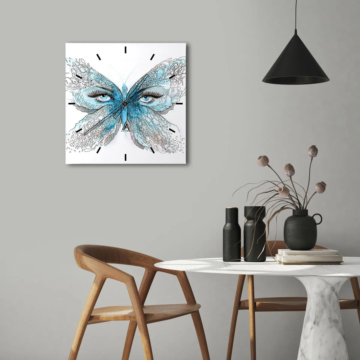 Reloj de pared - Reloj de vidrio - Acuarela artística de una mariposa con ojos azules. - 30x30cm - Mirada de mariposa - Decoración de pared moderna para salón y dormitorio ARTTOR