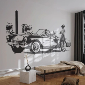 Fotomural Premium Canvas - Una escena retro en blanco y negro con un coche y una camarera en patines. - 100x70cm - Años 60 - la América despreocupada - Decoración de pared moderna para salón y dormitorio ARTTOR
