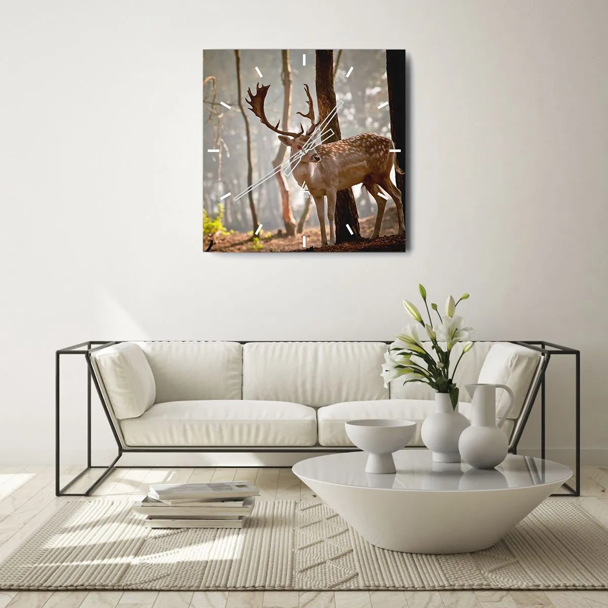 Reloj de pared - Reloj de vidrio - Ciervos en el bosque en la niebla de la mañana. - 30x30cm - La luz de la juventud - Decoración de pared moderna para salón y dormitorio ARTTOR