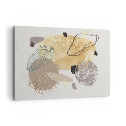 Cuadro sobre lienzo - Impresión de Imagen - Una composición de formas abstractas en beige y amarillo. - 120x80cm - Plumología aplicada - Decoración de pared moderna para salón y dormitorio ARTTOR