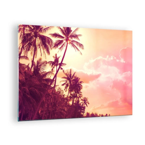 Cuadro sobre vidrio - Impresiones sobre Vidrio - Palmeras tropicales a la luz del sol poniente contra un cielo rosado - 70x50cm - Debes elegir - Decoración de pared moderna para salón y dormitorio ARTTOR