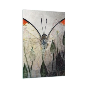 Cuadro sobre vidrio - Impresiones sobre Vidrio - Una mariposa con alas naranjas sobre un fondo de flores estilizadas. - 70x100cm - Donde la mariposa se mece en la hierba - Decoración de pared moderna para salón y dormitorio ARTTOR