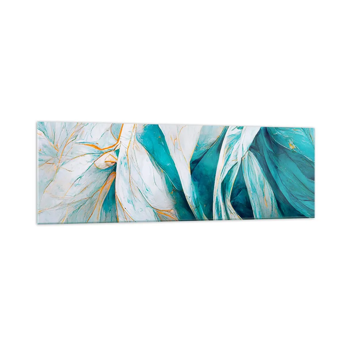 Cuadro sobre vidrio - Impresiones sobre Vidrio - Hojas azules abstractas con detalles dorados - 160x50cm - Abstracción azul con motivos dorados - Decoración de pared moderna para salón y dormitorio ARTTOR