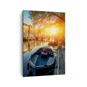 Cuadro sobre lienzo - Impresión de Imagen - Canal de Ámsterdam al atardecer - 50x70cm - Mañana en Ámsterdam - Decoración de pared moderna para salón y dormitorio ARTTOR
