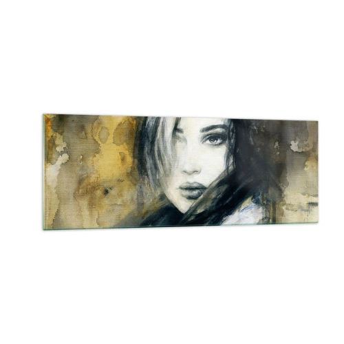 Cuadro sobre vidrio - Impresiones sobre Vidrio - Retrato de una mujer sobre un fondo de manchas abstractas en tonos beige. - 140x50cm - Inocente y sensual - Decoración de pared moderna para salón y dormitorio ARTTOR