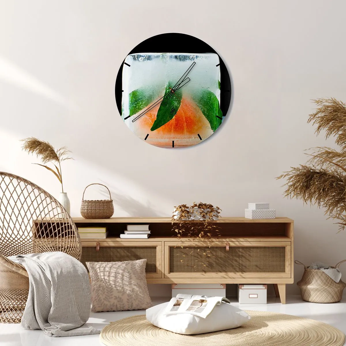 Reloj de pared - Reloj de vidrio - Un cubo de hielo con hojas de menta y una rodaja de pomelo dentro. - 30x30cm - Frescura - Decoración de pared moderna para salón, cocina y dormitorio ARTTOR