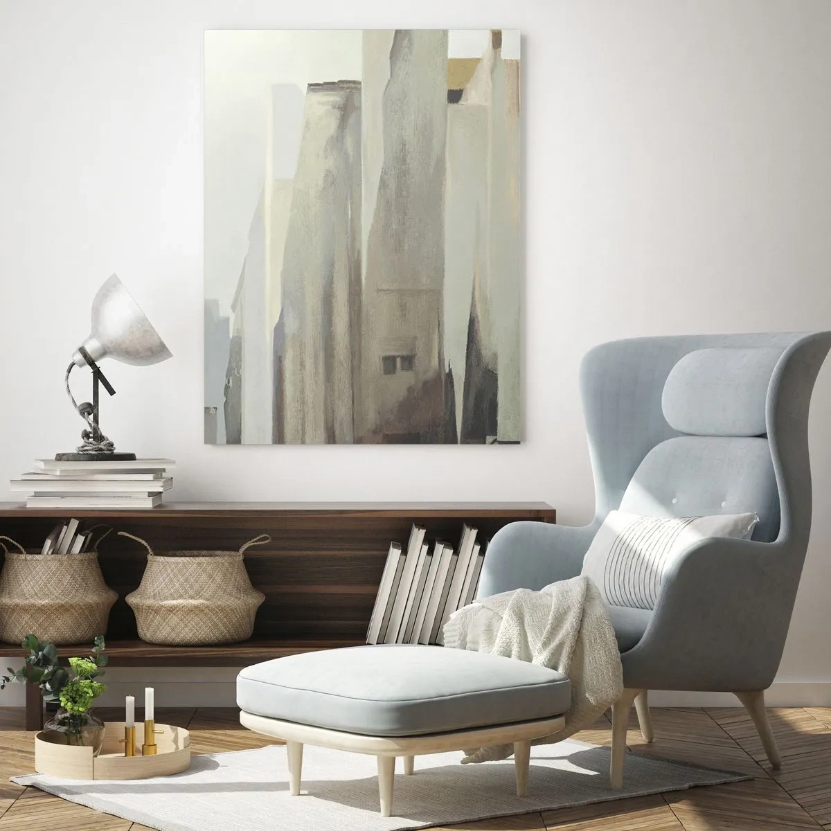 Cuadro sobre vidrio - Impresiones sobre Vidrio - Una visión abstracta de edificios urbanos en una paleta apagada - 50x70cm - Un sueño de ciudad - Decoración de pared moderna para salón y dormitorio ARTTOR