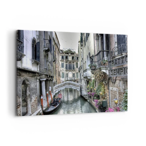 Cuadro sobre lienzo - Impresión de Imagen - Canal veneciano con góndola y puente de piedra - 100x70cm - Durante siglos, un sueño - Decoración de pared moderna para salón y dormitorio ARTTOR