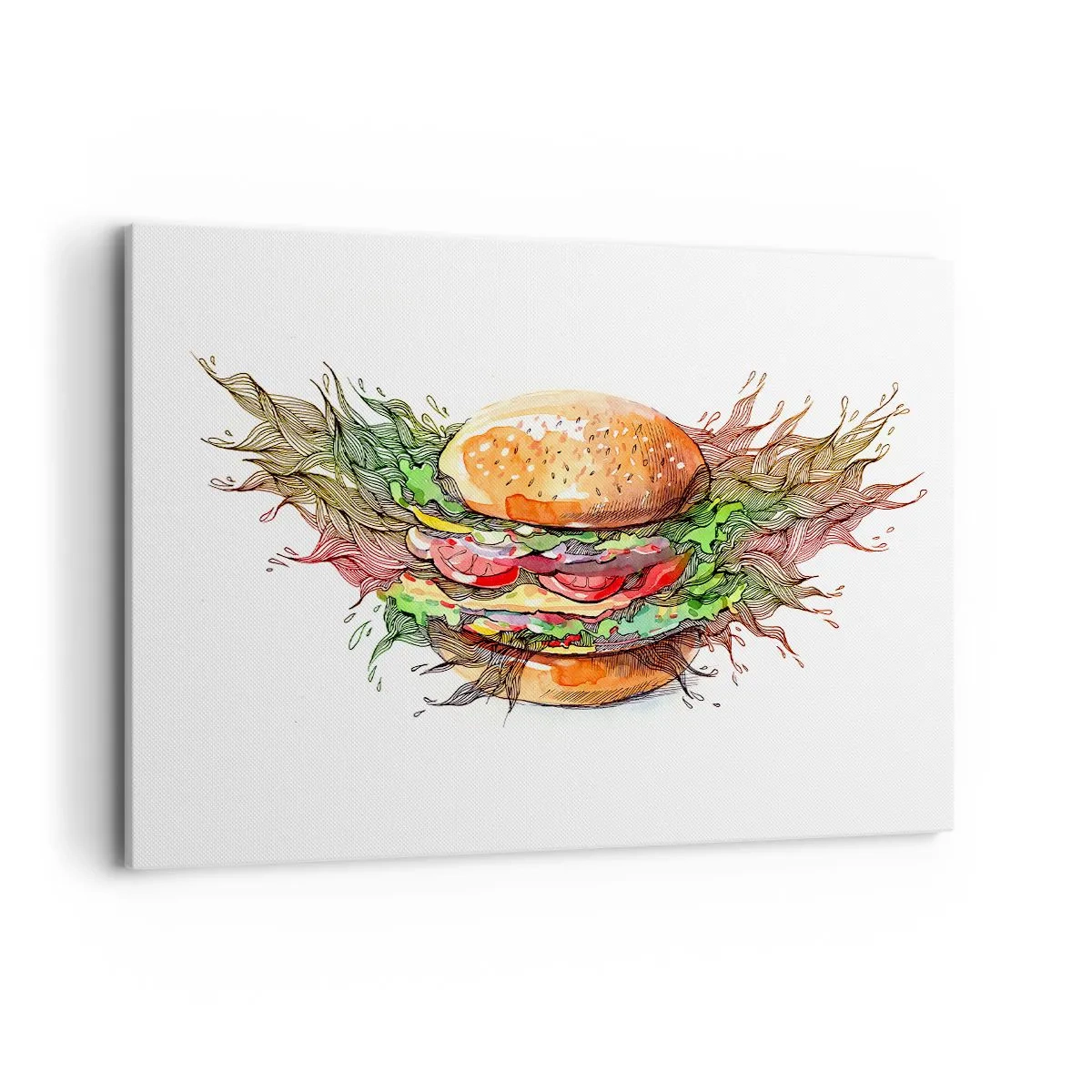 Cuadro sobre lienzo - Impresión de Imagen - Ilustración artística de una hamburguesa con elementos dinámicos. - 120x80cm - Tentación irresistible - Decoración de pared moderna para salón y dormitorio ARTTOR