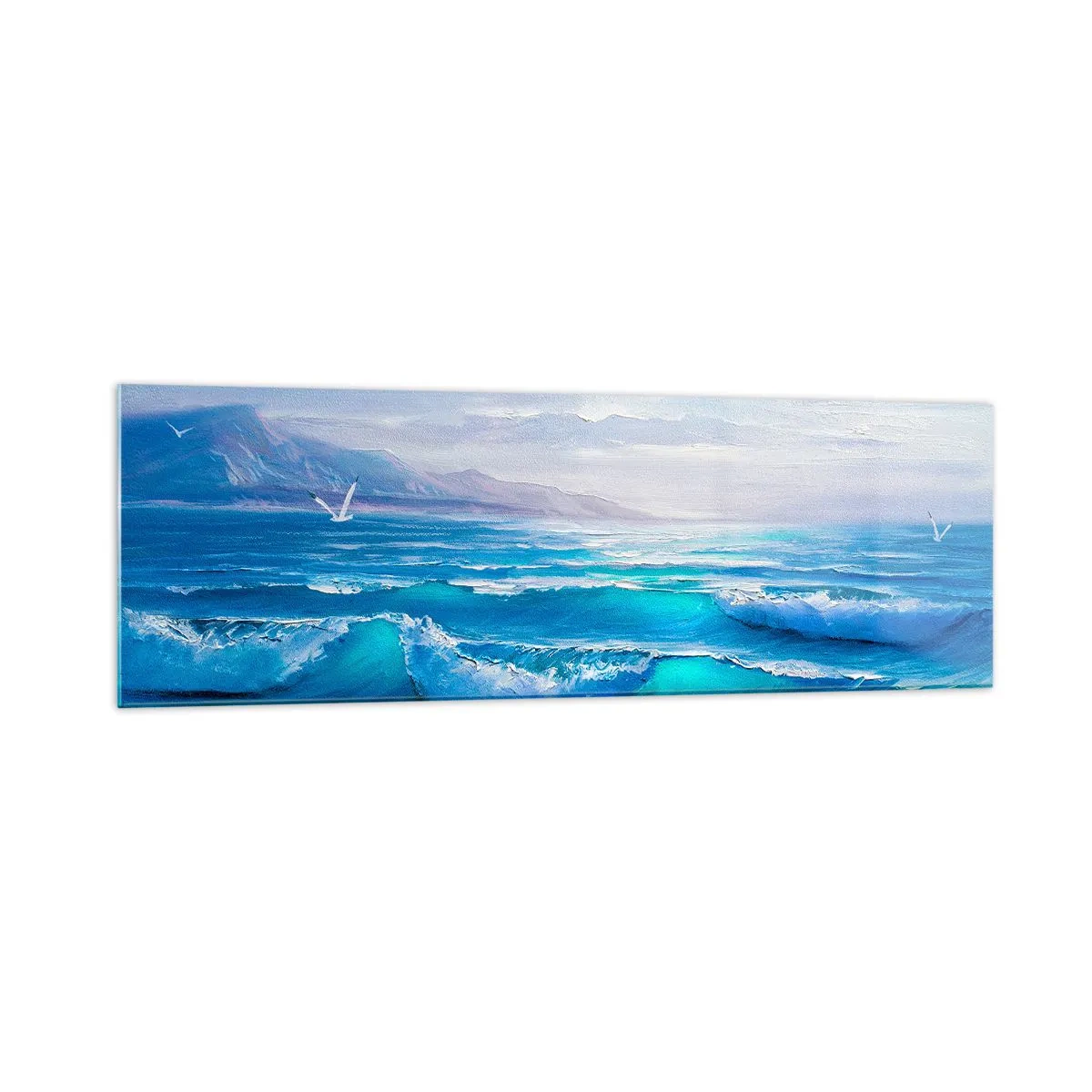 Cuadro sobre vidrio - Impresiones sobre Vidrio - Un pintoresco paisaje marino con olas y un cielo azul. - 160x50cm - Trae consuelo - Decoración de pared moderna para salón y dormitorio ARTTOR