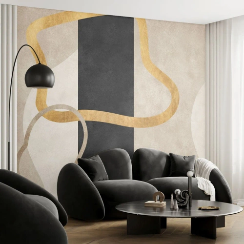 Fotomural Premium Sand - Líneas doradas y beige sobre un fondo negro y crema. - 100x70cm - Formas en bucle - Decoración de pared moderna para salón y dormitorio ARTTOR