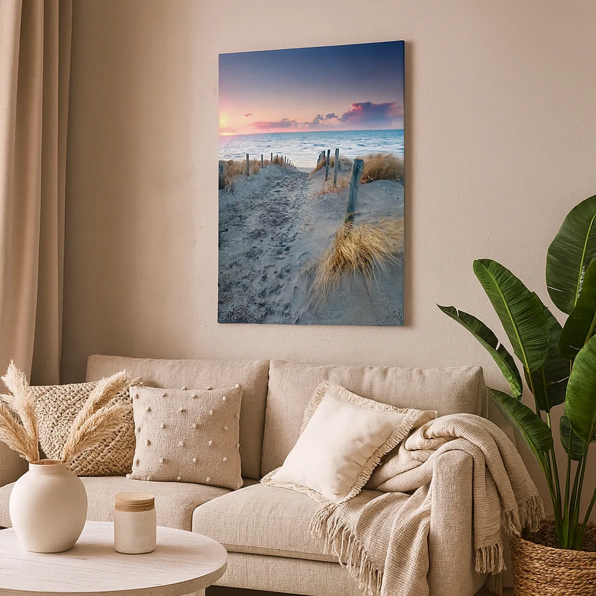 Cuadro sobre lienzo - Impresión de Imagen - Camino que conduce a la playa al atardecer - 50x70cm - Se derramó un arco iris de luminosidad.... - Decoración de pared moderna para salón y dormitorio ARTTOR