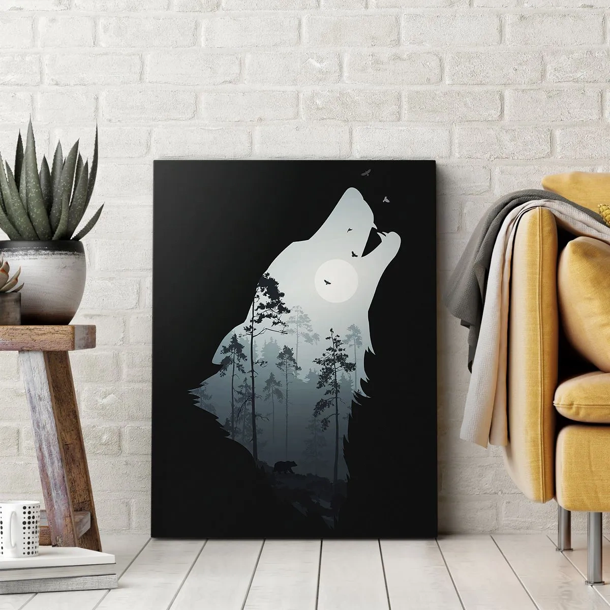 Cuadro sobre lienzo - Impresión de Imagen - Silueta de un lobo con un bosque y la luna al fondo - 50x70cm - Voz de la noche del bosque - Decoración de pared moderna para salón y dormitorio ARTTOR