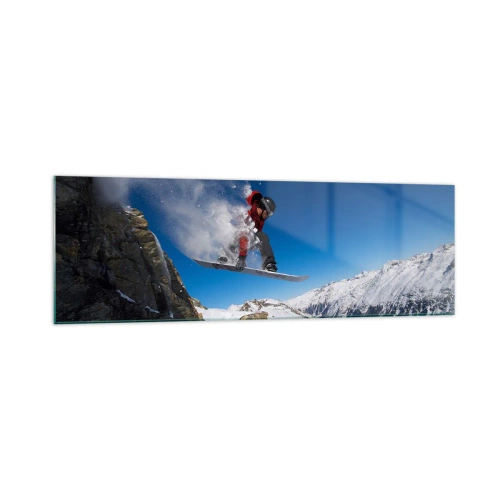 Cuadro sobre vidrio - Impresiones sobre Vidrio - Un snowboarder salta desde una roca frente a un paisaje montañoso. - 160x50cm - Y te convertiste en parte del lugar - Decoración de pared moderna para salón y dormitorio ARTTOR