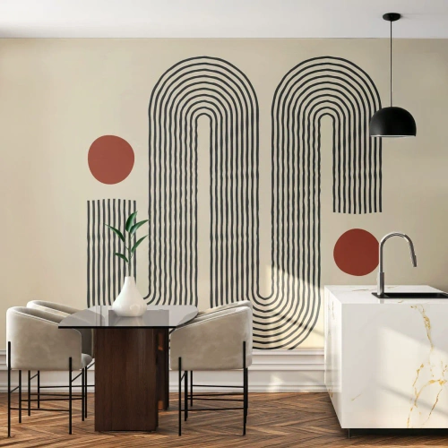 Fotomural Premium Canvas - Patrón geométrico con líneas y círculos naranjas. - 100x70cm - De principio a fin - Decoración de pared moderna para salón y dormitorio ARTTOR