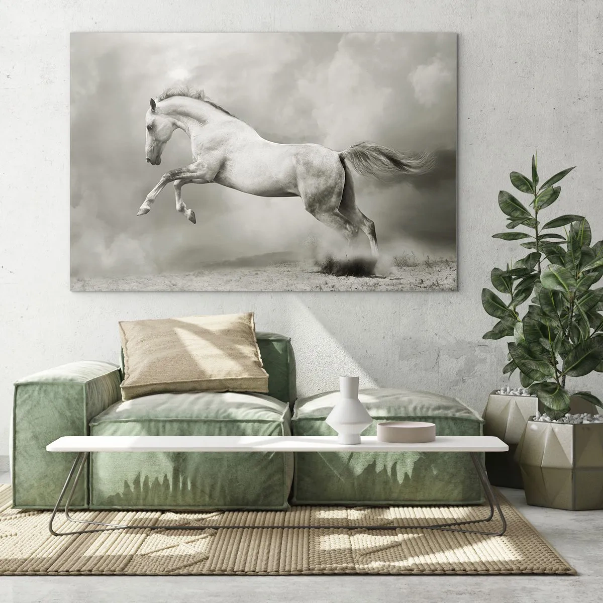 Cuadro sobre vidrio - Impresiones sobre Vidrio - Un caballo blanco saltando contra las nubes. - 70x50cm - Entre la realidad y el sueño - Decoración de pared moderna para salón y dormitorio ARTTOR