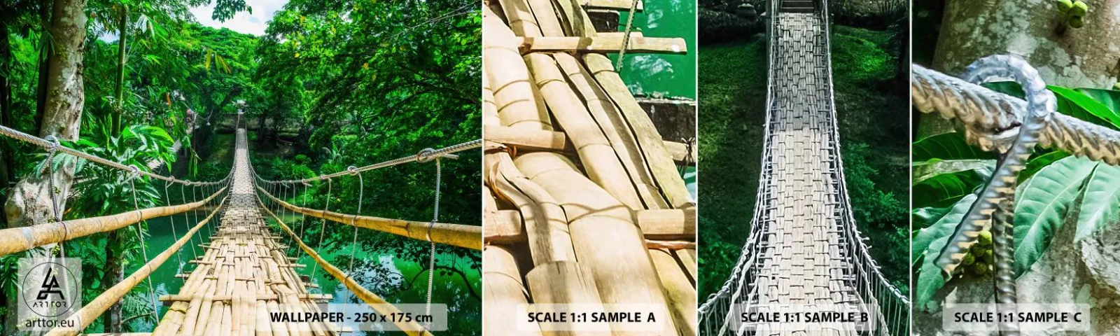 Muestra de fotomural autoadhesivo Deluxe Sticker - Puente colgante sobre la vegetación - Paisaje, Selva, Filipinas - 100x30 cm