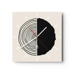 Reloj de pared - Reloj de vidrio - Un motivo abstracto en blanco y negro inspirado en una sección transversal de madera con una división geométrica. - 30x30cm - Mitad y mitad - Decoración de pared moderna para salón y dormitorio ARTTOR