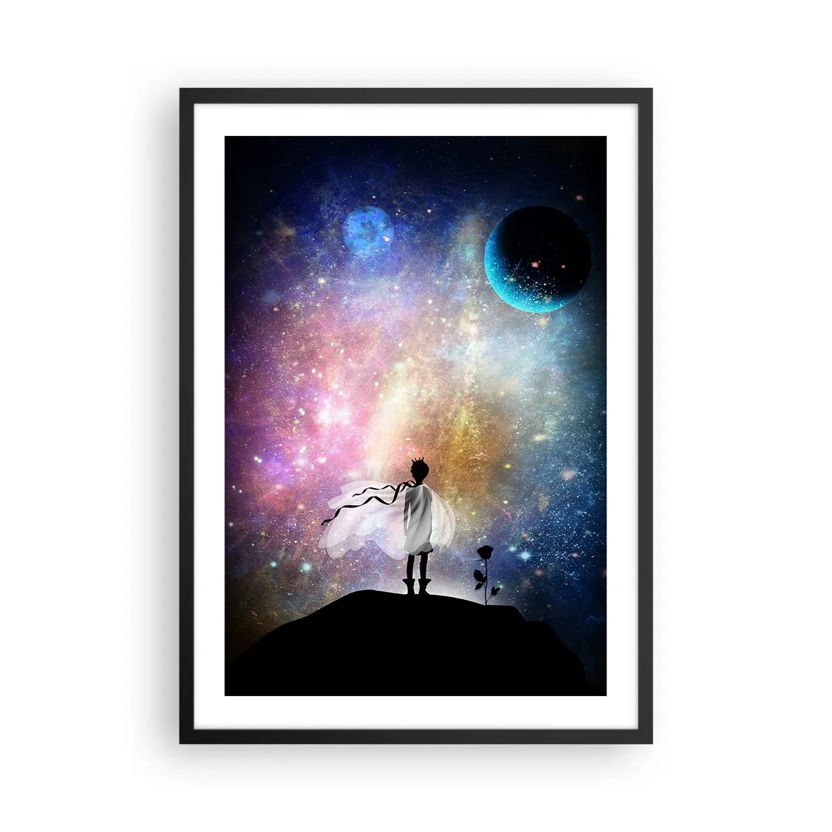 Póster en marco negro - Una fantástica escena espacial con la silueta de un personaje y una rosa. - 50x70cm - El principito - Decoración de pared moderna para salón y dormitorio ARTTOR