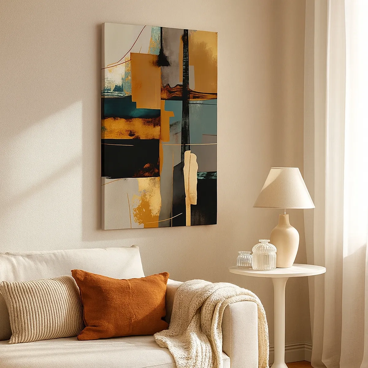 Cuadro sobre lienzo - Impresión de Imagen - Composición abstracta con elementos dorados y turquesas. - 50x70cm - Abstracción: luces y sombras - Decoración de pared moderna para salón y dormitorio ARTTOR