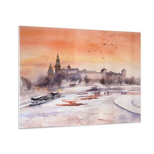 Cuadro sobre vidrio - Impresiones sobre Vidrio - Puesta de sol sobre el castillo real y el río en invierno - 70x50cm - Atardecer real - Decoración de pared moderna para salón y dormitorio ARTTOR