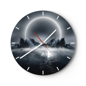 Reloj de pared - Reloj de vidrio - Paisaje futurista con eclipse y rocas afiladas. - 30x30cm - El final del cuento - Decoración de pared moderna para salón, cocina y dormitorio ARTTOR