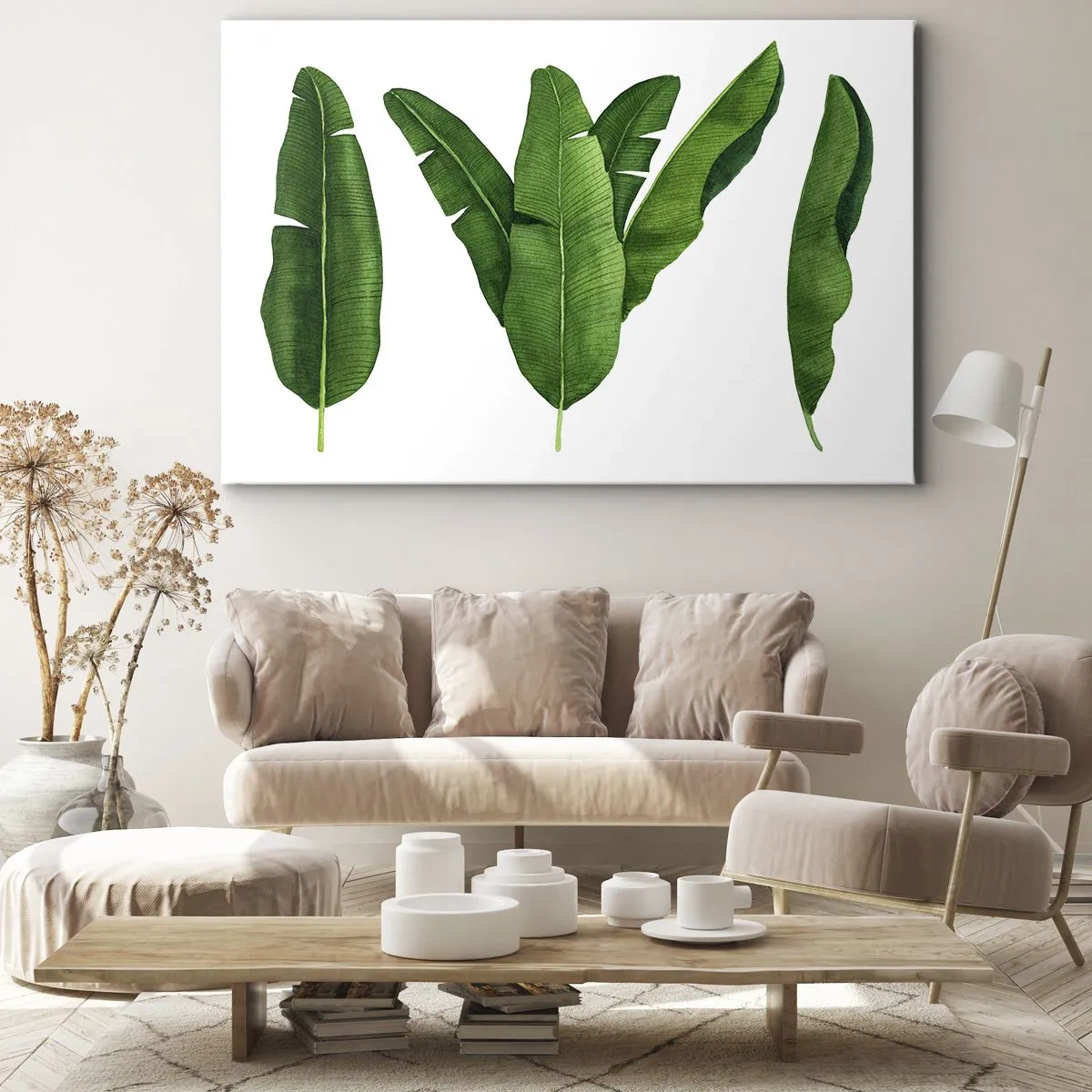 Cuadro sobre lienzo - Impresión de Imagen - Tres hojas de plátano en un enfoque artístico - 70x50cm - Simetría verde - Decoración de pared moderna para salón y dormitorio ARTTOR