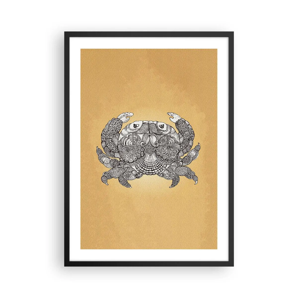 Póster en marco negro - Ilustración decorativa de un cangrejo con un delicado patrón sobre un fondo dorado. - 50x70cm - Cuentos del Sr. Cangrejo - Decoración de pared moderna para salón y dormitorio ARTTOR