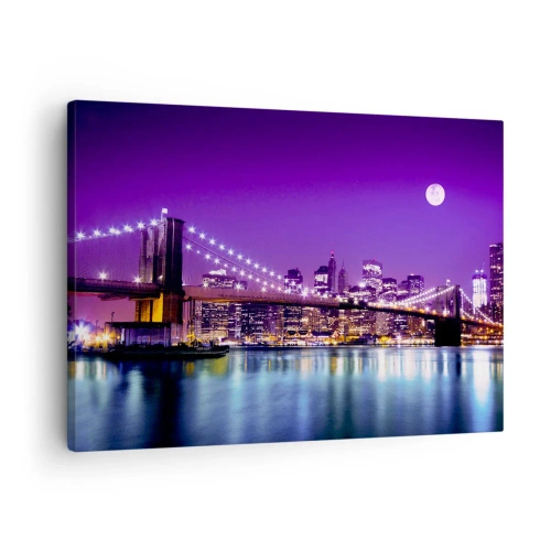 Cuadro sobre lienzo - Impresión de Imagen - Puente de Brooklyn de noche con la ciudad iluminada y luna llena - 70x50cm - Las luces de una gran ciudad en púrpura - Decoración de pared moderna para salón y dormitorio ARTTOR