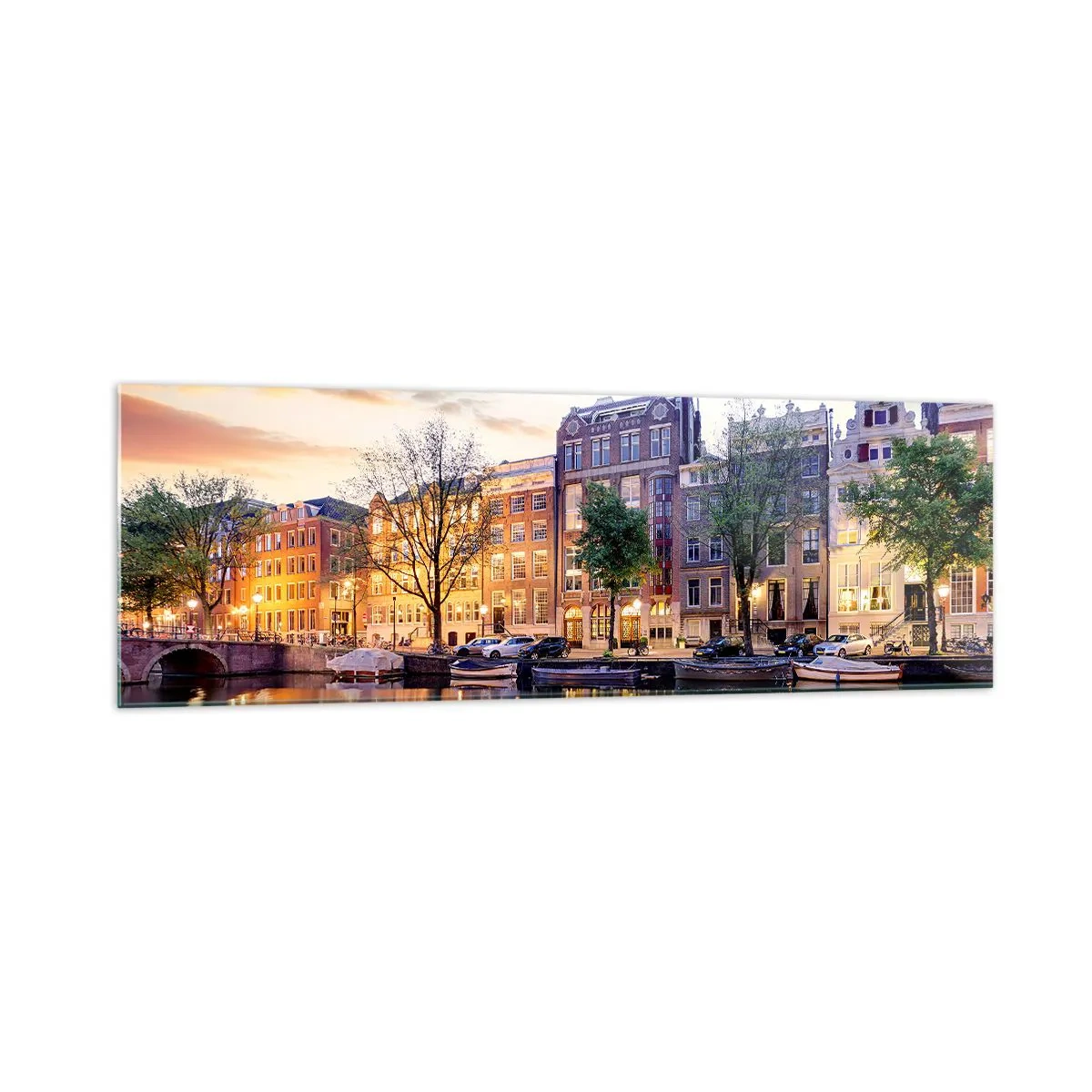 Cuadro sobre vidrio - Impresiones sobre Vidrio - Canal con reflejo de casas de vecindad a la luz del atardecer - 160x50cm - La belleza holandesa, sobria y tranquila - Decoración de pared moderna para salón y dormitorio ARTTOR