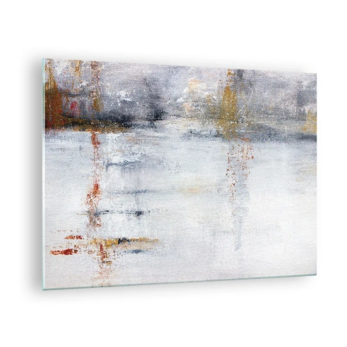 Cuadro sobre vidrio - Impresiones sobre Vidrio - Una pintura abstracta que presenta una sutil combinación de gris, blanco y dorado. - 70x50cm - Tras una cortina de aire - Decoración de pared moderna para salón y dormitorio ARTTOR