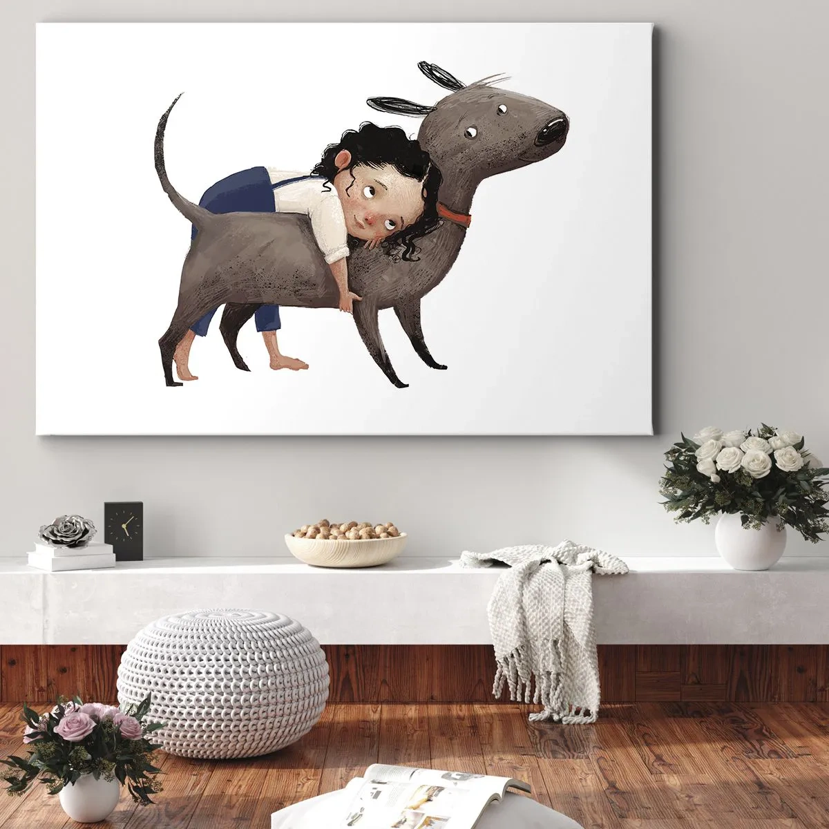 Cuadro sobre lienzo - Impresión de Imagen - Ilustración de estilo de dibujos animados de un niño abrazando a un perro. - 70x50cm - Mejores amigos - Decoración de pared moderna para salón y dormitorio ARTTOR