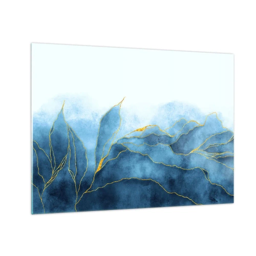Cuadro sobre vidrio - Impresiones sobre Vidrio - Formas abstractas azules con delicadas líneas doradas. - 70x50cm - Oro y azul - Decoración de pared moderna para salón y dormitorio ARTTOR