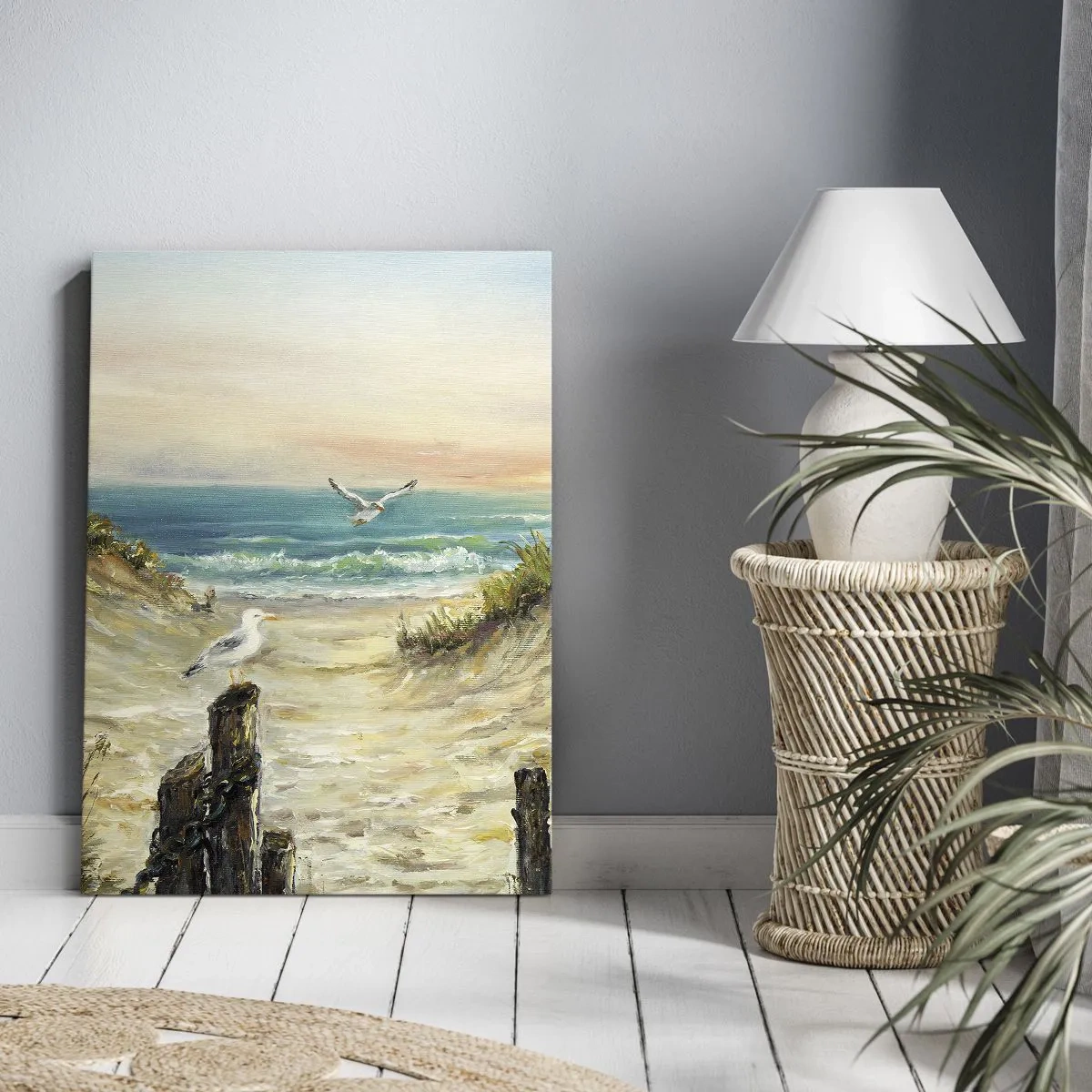 Cuadro sobre lienzo - Impresión de Imagen - Costa con gaviotas y dunas al atardecer - 50x70cm - Un retiro ventoso - Decoración de pared moderna para salón y dormitorio ARTTOR