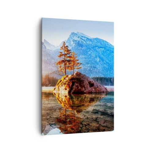 Cuadro sobre lienzo - Impresión de Imagen - Un lago con islas y montañas al fondo al amanecer. - 70x100cm - La naturaleza bajo la luz - Decoración de pared moderna para salón y dormitorio ARTTOR