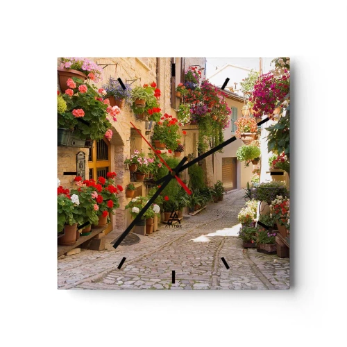 Reloj de pared - Reloj de vidrio - Una calle con flores en macetas y muros de piedra. - 30x30cm - En un torrente de flores - Decoración de pared moderna para salón y dormitorio ARTTOR