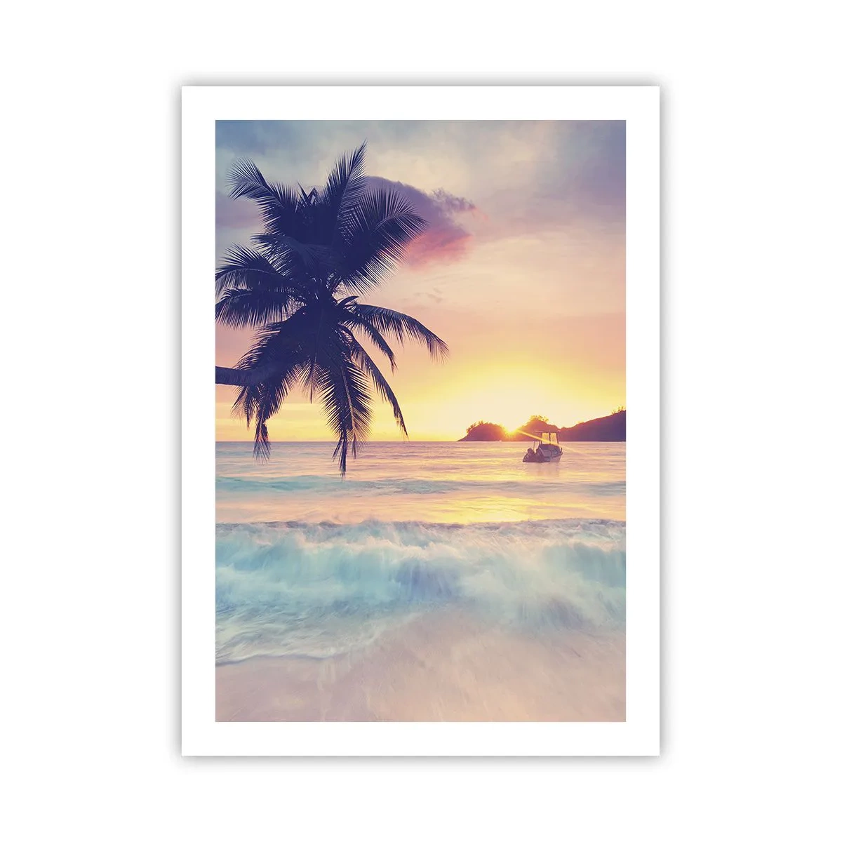 Póster - Palmera en la playa al atardecer - 50x70cm - Atardecer en la bahía - Decoración de pared moderna para salón y dormitorio ARTTOR