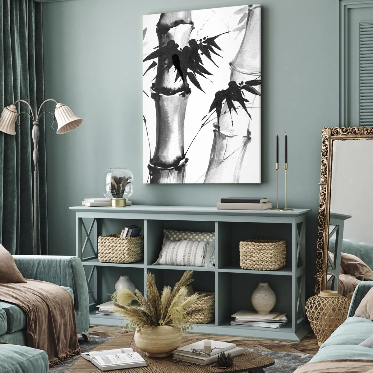 Cuadro sobre lienzo - Impresión de Imagen - Bambú de acuarela de estilo japonés sobre un fondo blanco. - 50x70cm - Primer plano de Oriente - Decoración de pared moderna para salón y dormitorio ARTTOR