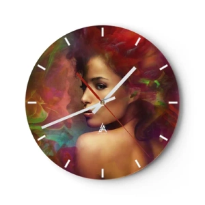 Reloj de pared - Reloj de vidrio - Retrato de una mujer con efectos borrosos coloridos en el fondo. - 30x30cm - Más hermosa que un arco iris, tan delicada como la niebla - Decoración de pared moderna para salón, cocina y dormitorio ARTTOR