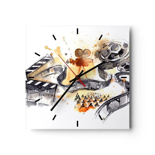 Reloj de pared - Reloj de vidrio - El simbolismo del cine con una tira de película en una acuarela artística - 30x30cm - En el país de los sueños - Decoración de pared moderna para salón y dormitorio ARTTOR