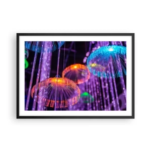 Póster en marco negro - Medusas luminosas y coloridas en un entorno oscuro. - 70x50cm - Fuente luminosa - Decoración de pared moderna para salón y dormitorio ARTTOR