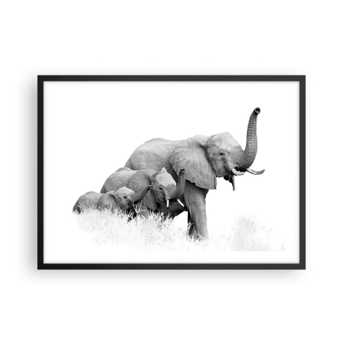 Póster en marco negro - Una familia de elefantes frente a un paisaje africano en blanco y negro. - 70x50cm - Uno, dos, tres - Decoración de pared moderna para salón y dormitorio ARTTOR