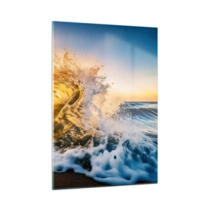 Cuadro sobre vidrio - Impresiones sobre Vidrio - Una ola rompiendo contra la orilla, iluminada por los rayos del sol poniente. - 50x70cm - Jugando en la arena - Decoración de pared moderna para salón y dormitorio ARTTOR