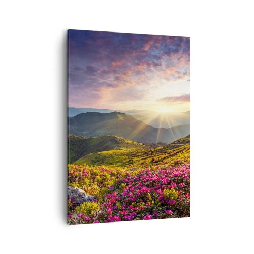 Cuadro sobre lienzo - Impresión de Imagen - Paisaje de montaña con rododendros en flor - 50x70cm - La frescura de una mañana de montaña - Decoración de pared moderna para salón y dormitorio ARTTOR