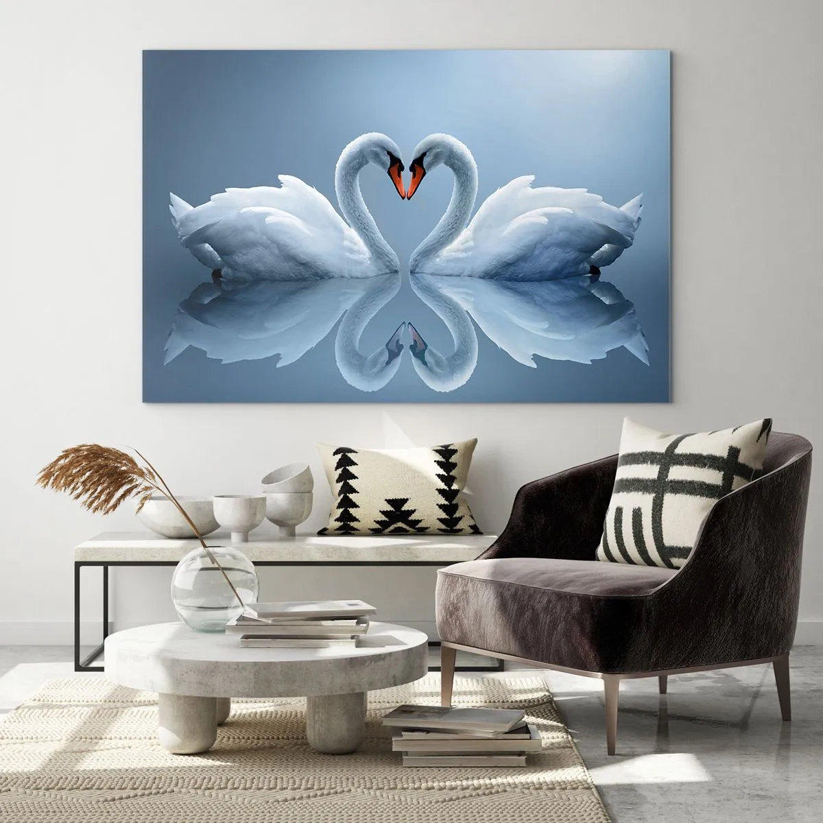 Cuadro sobre vidrio - Impresiones sobre Vidrio - Dos cisnes formando un corazón en la superficie del agua. - 100x70cm - Tiempo de amor - Decoración de pared moderna para salón y dormitorio ARTTOR
