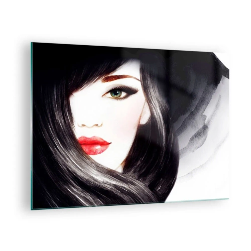 Cuadro sobre vidrio - Impresiones sobre Vidrio - Retrato de una mujer con cabello negro y labios rojos expresivos. - 70x50cm - Mirada de zafiro - Decoración de pared moderna para salón y dormitorio ARTTOR